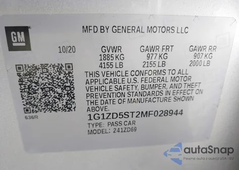 2021 Chevrolet Malibu Fwd Lt z USA, uszkodzony, nr VIN 1G1ZD5ST2MF028944